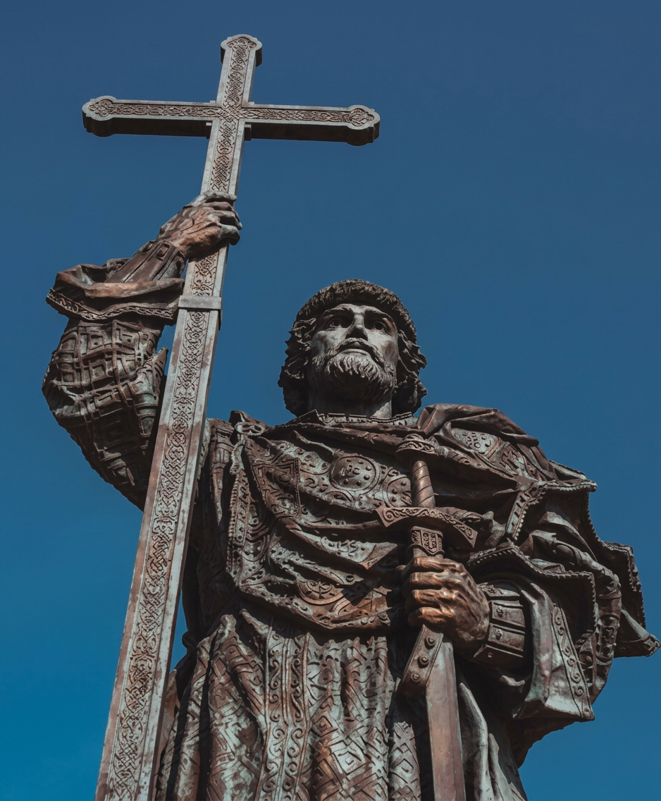 Statue of a resolute man raising a cross