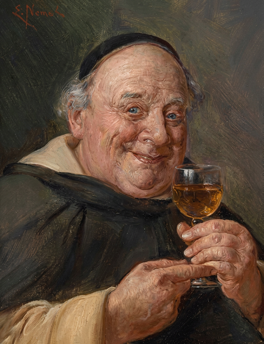 Painting of a calm, smiling monk raising a glass