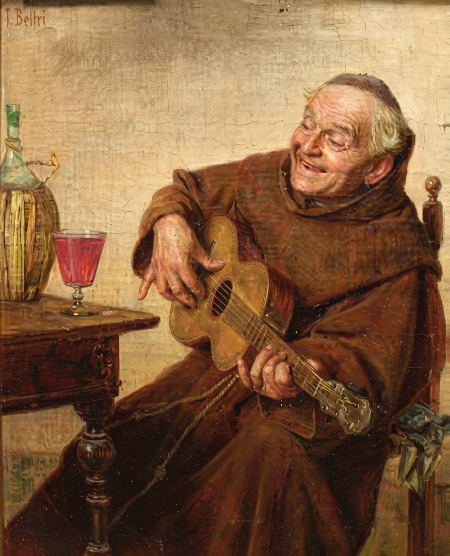 Painting of a cheerful monk playing a guitar